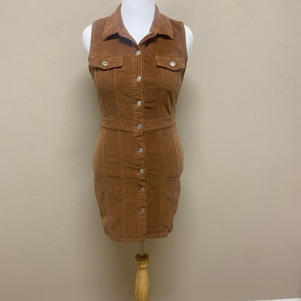 Brown Corduroy Sleeveless Button-Down Dress